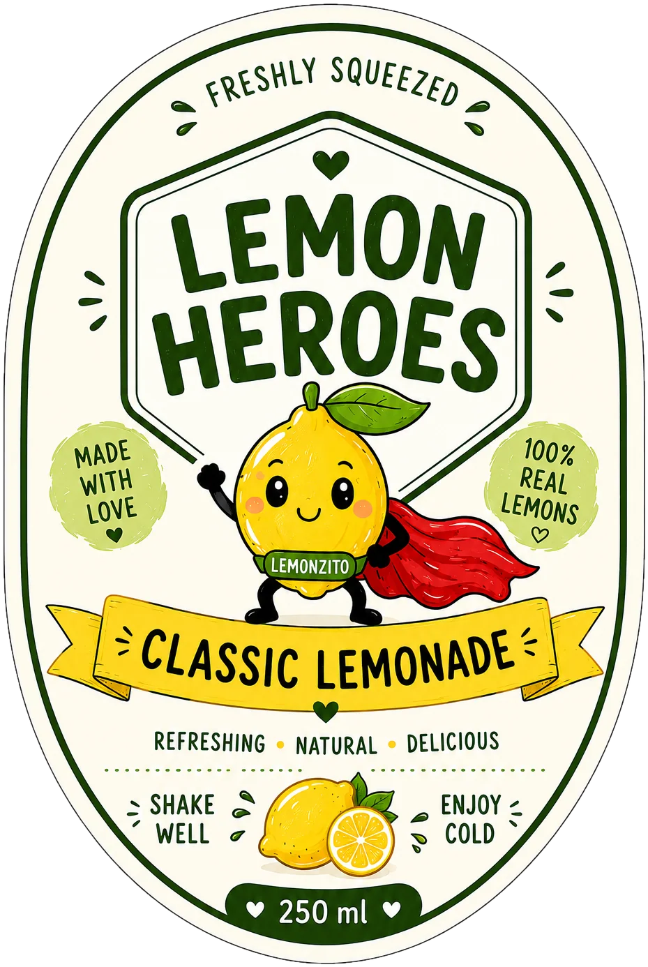 Lemon Heroes Classic Lemonade bottle label: freshly squeezed, made with love, 100% real lemons